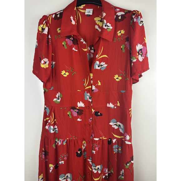 *Flawed* CAbi Afternoon Dress Floral Midi Red 6218 SS Shirt Dress Size XL Sheer - Picture 7 of 15
